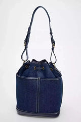 Denim Bucket Bag for Women – Drawstring Shoulder Handbag with Leather Trim - Julie bags
