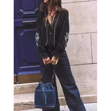 Denim Bucket Bag for Women – Drawstring Shoulder Handbag with Leather Trim - Julie bags
