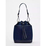 Denim Bucket Bag for Women – Drawstring Shoulder Handbag with Leather Trim - Julie bags
