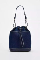 Denim Bucket Bag for Women – Drawstring Shoulder Handbag with Leather Trim - Julie bags