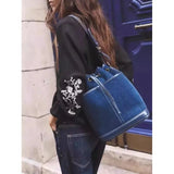 Denim Bucket Bag for Women – Drawstring Shoulder Handbag with Leather Trim - Julie bags