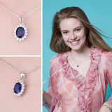 Oval Blue Sapphire Halo Pendant Necklace – 925 Sterling Silver Vintage Royal Style Necklace for Women - Julie bags
