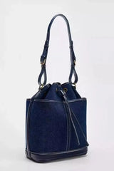 Denim Bucket Bag for Women – Drawstring Shoulder Handbag with Leather Trim - Julie bags