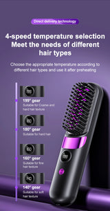 Cordless Hair Straightening Brush – Rechargeable 4-Temperature Styling Comb