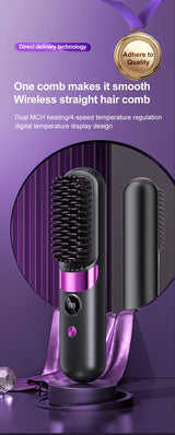 Cordless Hair Straightening Brush – Rechargeable 4-Temperature Styling Comb