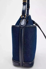 Denim Bucket Bag for Women – Drawstring Shoulder Handbag with Leather Trim - Julie bags